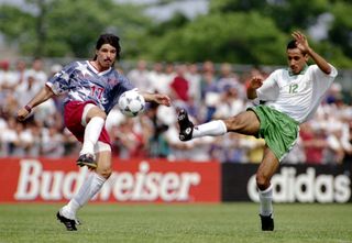 Marcelo Balboa (left) in action for the USA against Saudi Arabia at the 1994 World Cup.