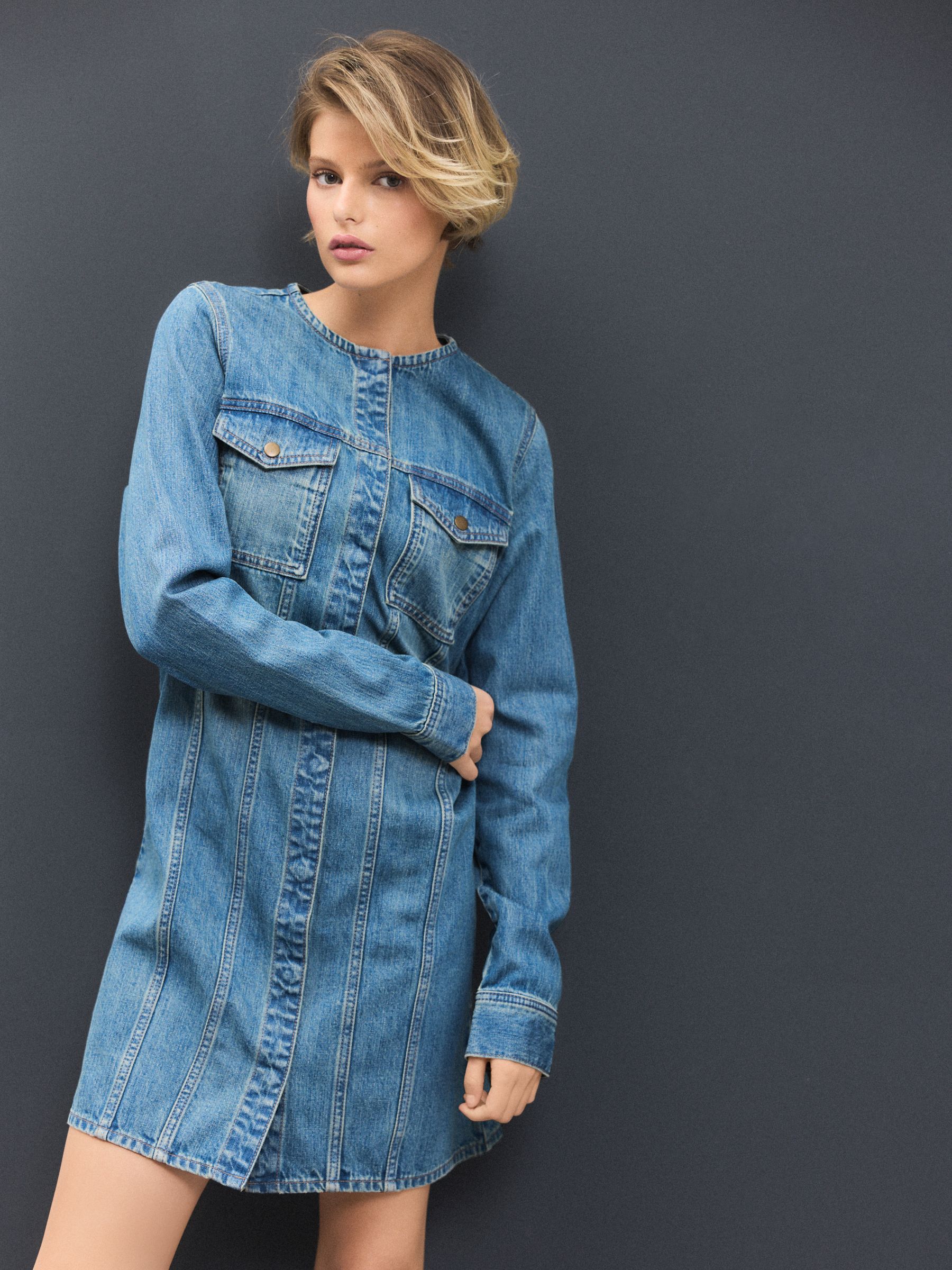 Mid Blue Collarless Long Sleeve Denim 100% Cotton Mini Dress