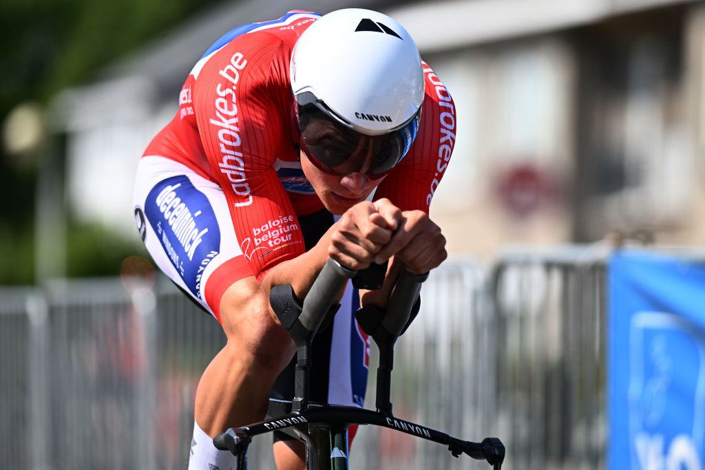 BEVEREN BELGIUM JUNE 16 Mathieu Van Der Poel of The Netherlands and Team AlpecinDeceuninck Red Points Jersey sprints during the 92nd Baloise Belgium Tour 2023 Stage 3 a 152km individual time trial stage from Beveren to Beveren on June 16 2023 in Beveren Belgium Photo by Mark Van HeckeGetty Images