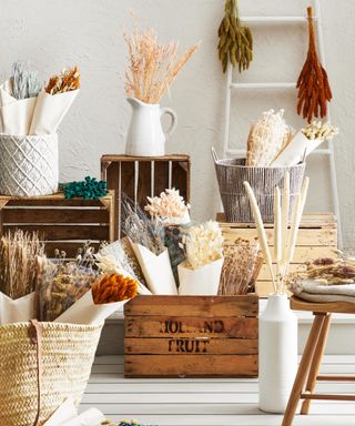 bunches of dried flower bouquets