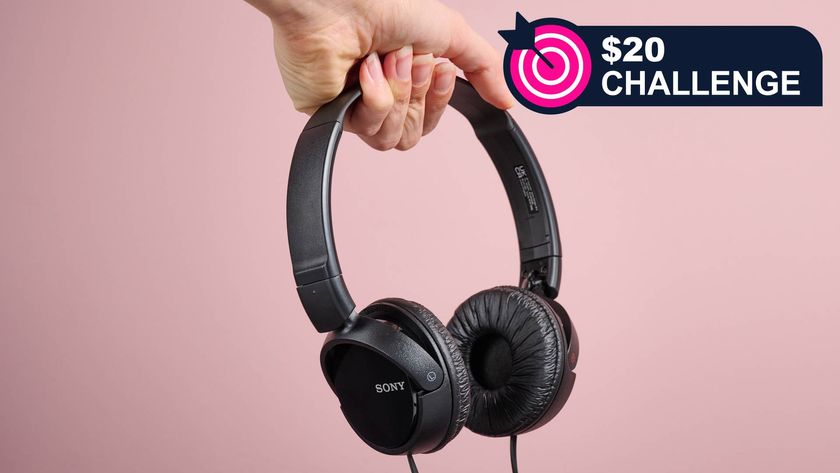 A woman holds the Sony MDR-ZX110 in front of a pink background – overlaid are the words &#039;$20 Challenge&#039;.