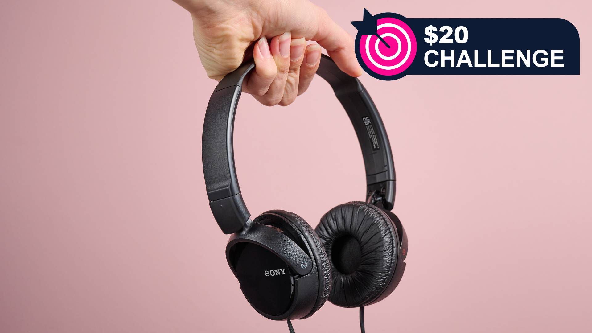 A woman holds the Sony MDR-ZX110 in front of a pink background – overlaid are the words '$20 Challenge'.