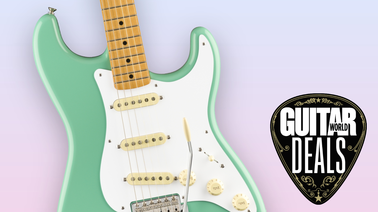 Fender Vintera Strat on a pink gradient background