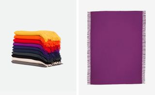 Left, pile of throws folded on top of each other. Right, purple throw held up