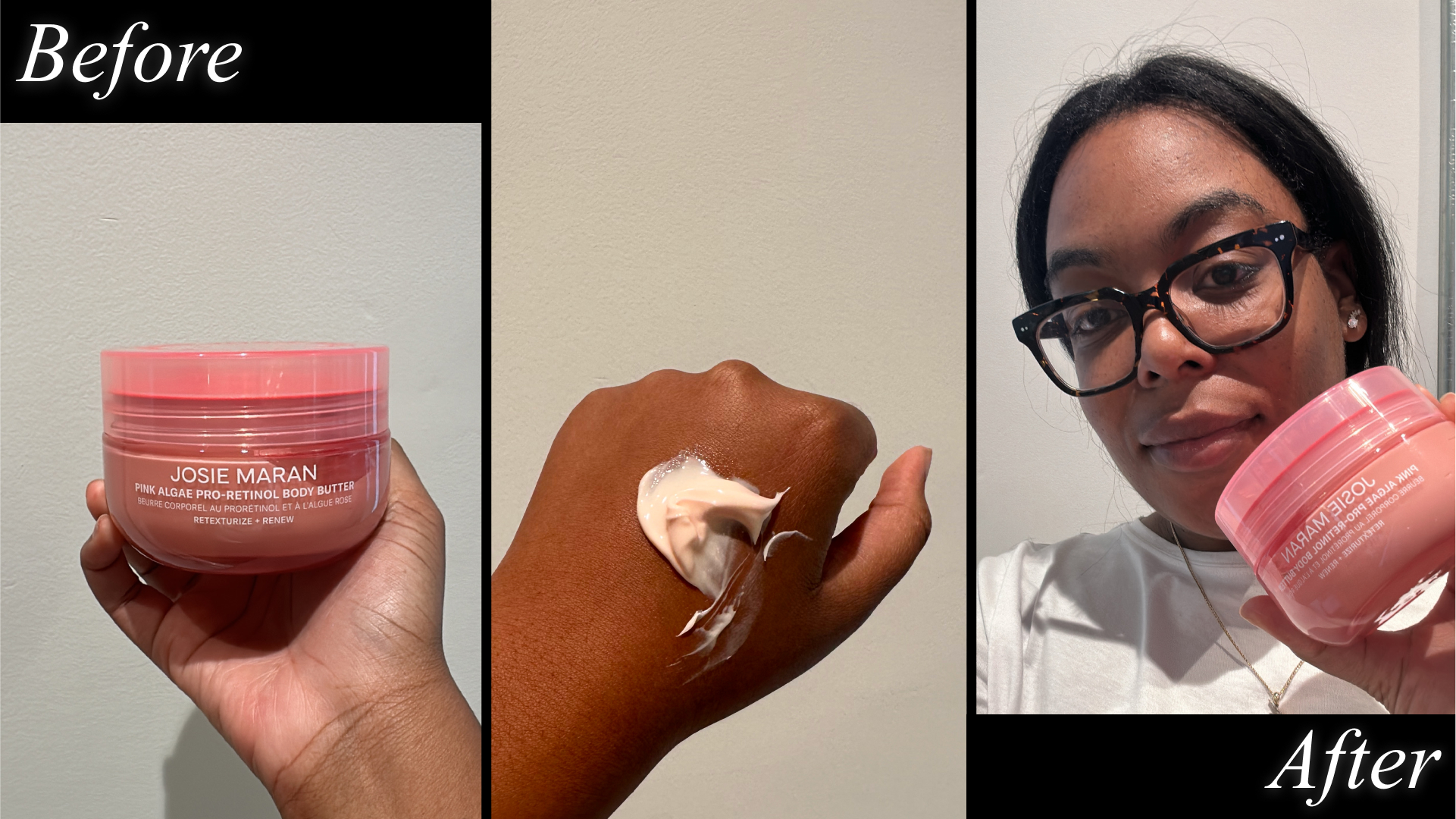 Ariel Baker testing Josie Maran's retinol body cream.