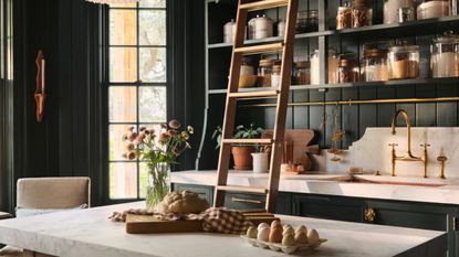 Dark green pantry with wall storage with different size jars and a freestanding island with a marble top