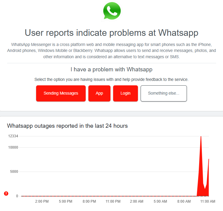 Screenshot of Whatsapp outage 12-11-24