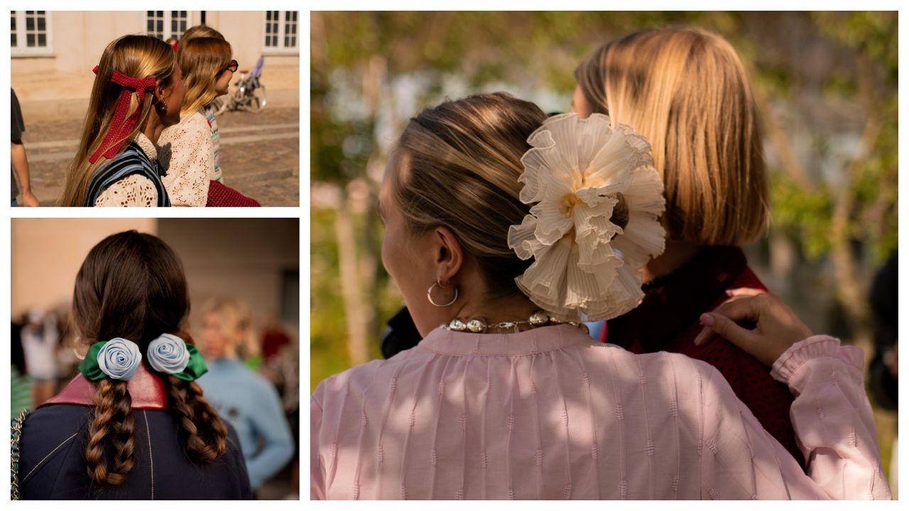 a collage of women wearing the copenhagen fashion week maximalist hair accessory trend