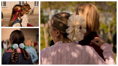 a collage of women wearing the copenhagen fashion week maximalist hair accessory trend