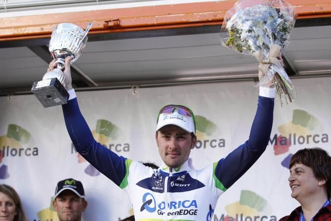 Orica GreenEdge sprinter Leigh Howard on the podium at the Trofeo Migjorn