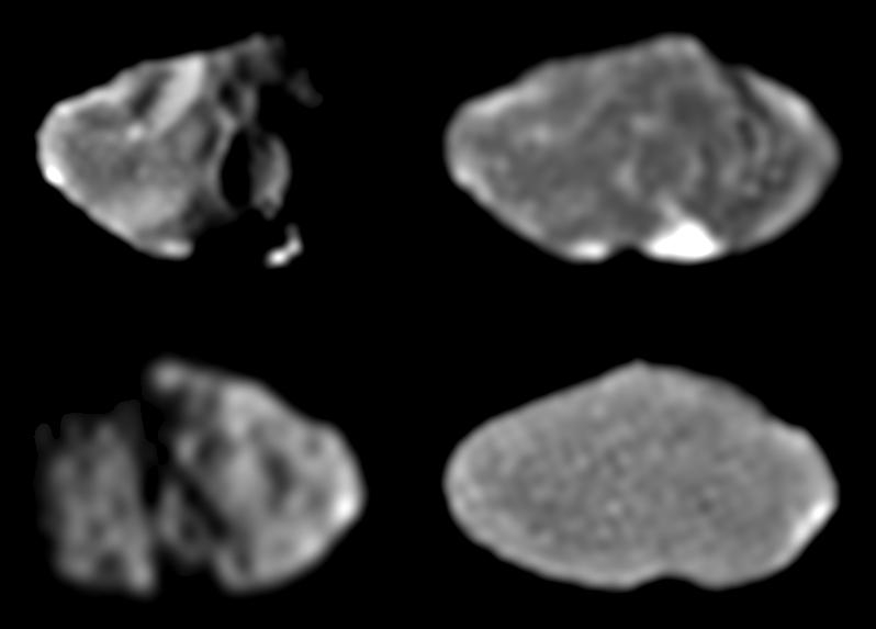 Una imagen en blanco y negro muestra un cuerpo espacial gris de forma extraña proveniente de cuatro