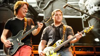 Eddie Van Halen and Wolfgang Van Halen of Van Halen perform during "A Different Kind of Truth" tour at Madison Square Garden on February 28, 2012 in New York City
