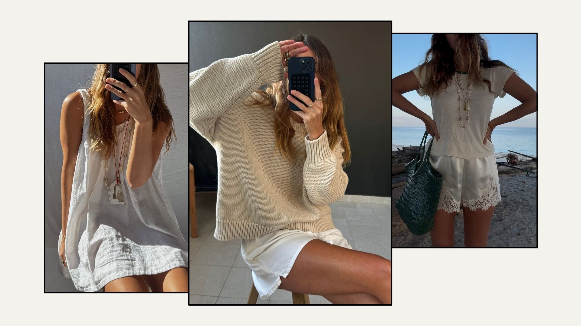 Woman wears crochet dress; woman wears green shirt, green bikini and beige sarong; woman wears white T-shirt and white shorts