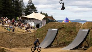 Two riders competing at Crankworx Speed and Style in New Zealand