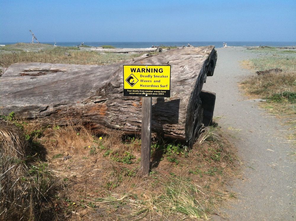 Sneaker wave warning sign in California