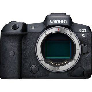 Canon EOS R5 mirrorless camera with lens removed and sensor visible, on white background