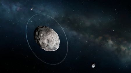 An illustration of dwarf planet Haumea, its two moons and a narrow ring of rocky particles.