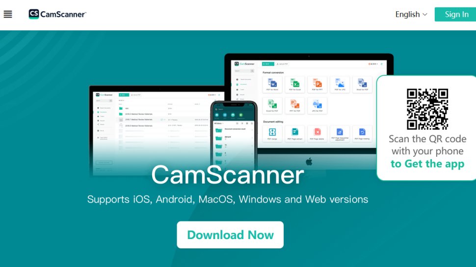 CamScanner website screenshot (October 2025).
