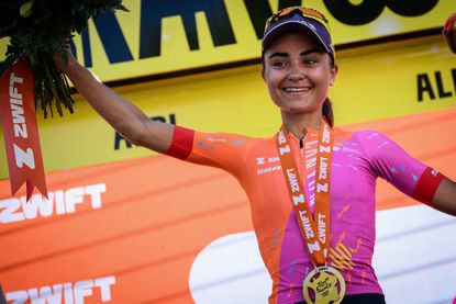 Ricarda Bauernfeind on the podium of the Tour de France Femmes 2023
