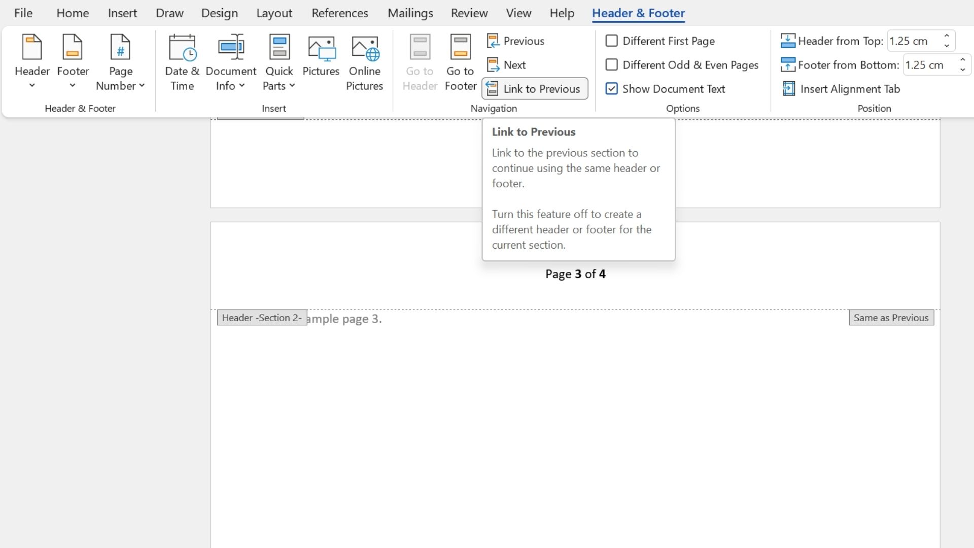 Screenshot of the Link to Previous option in Microsoft Word