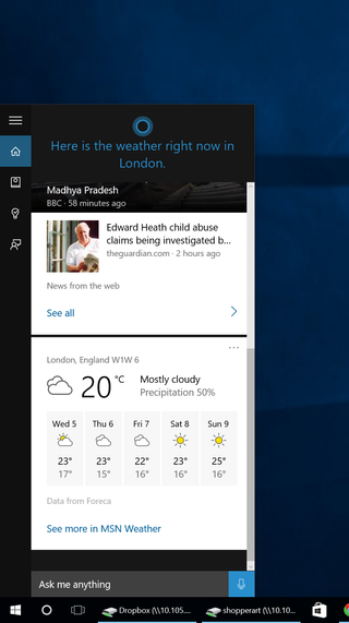 A screenshot of the Windows 10 desktop showing the Weather app