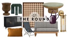 Outdoor fall decor, including a woven urn planter, black patio cabinet, rust throw pillow, rug, slingback chair, houndstooth sofa, green tile side table, marble coffee table, watering can, and sconce