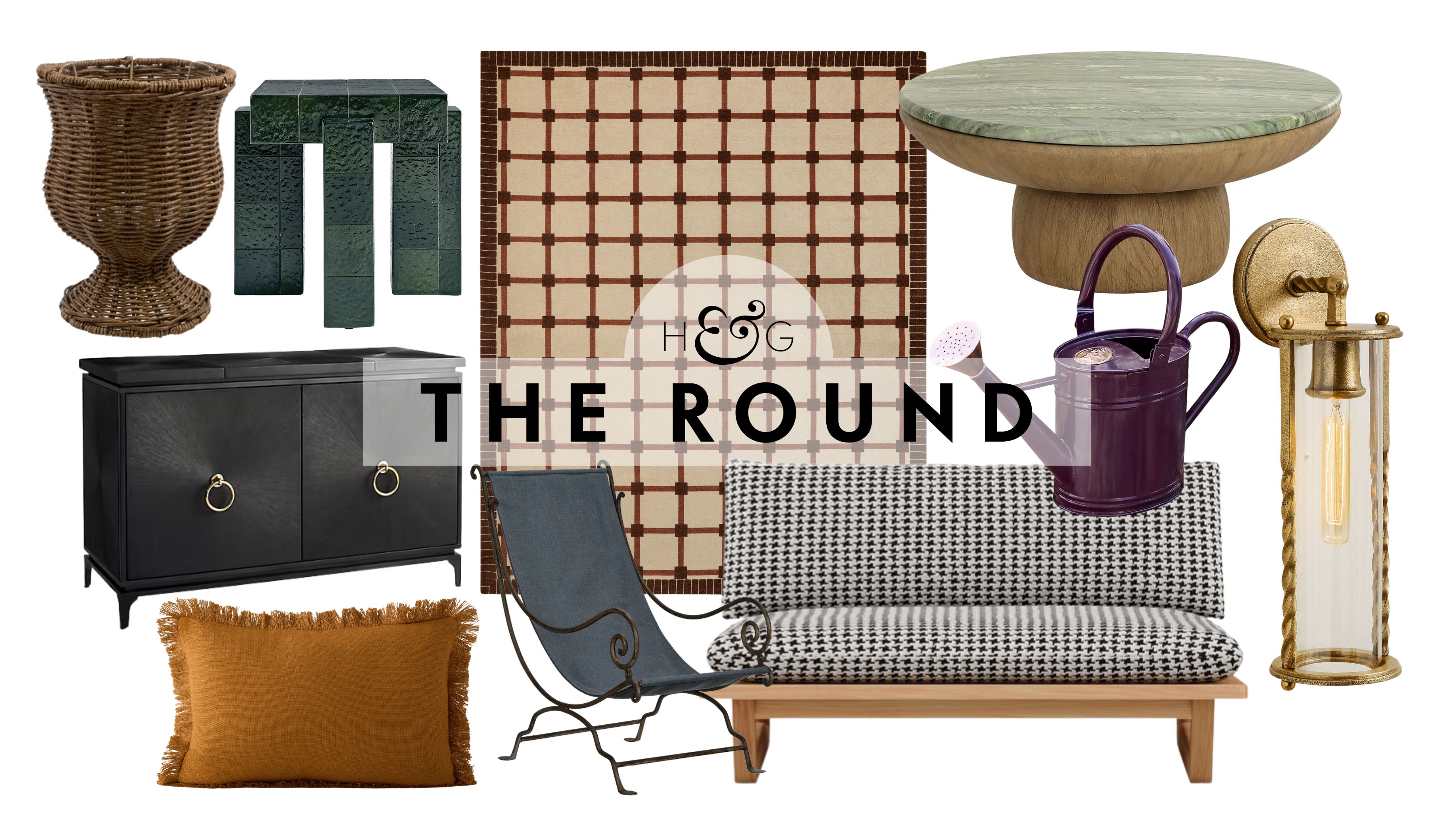 Outdoor fall decor, including a woven urn planter, black patio cabinet, rust throw pillow, rug, slingback chair, houndstooth sofa, green tile side table, marble coffee table, watering can, and sconce