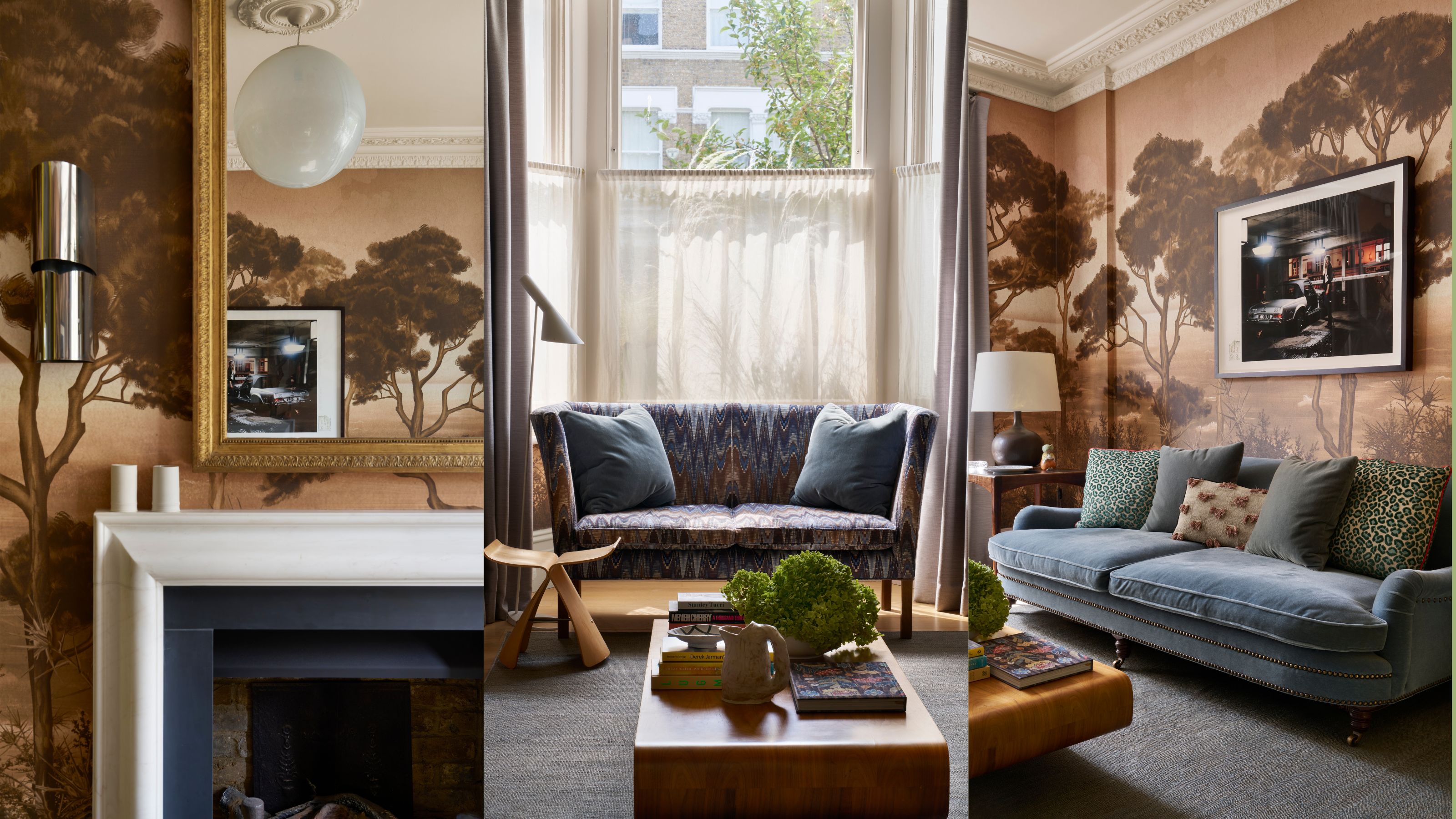 Three different angles of a sitting room designed by Suzy Hoodless with a shot of the fireplace, sofa/window area and another angle of a sofa with the view of the wallpaper and artwork.