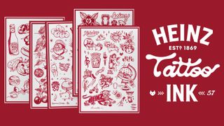 A shot of various tattoo stencils and the Heinz logo on a red background