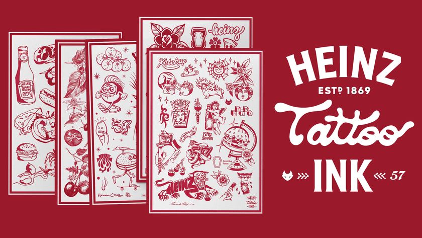 A shot of various tattoo stencils and the Heinz logo on a red background