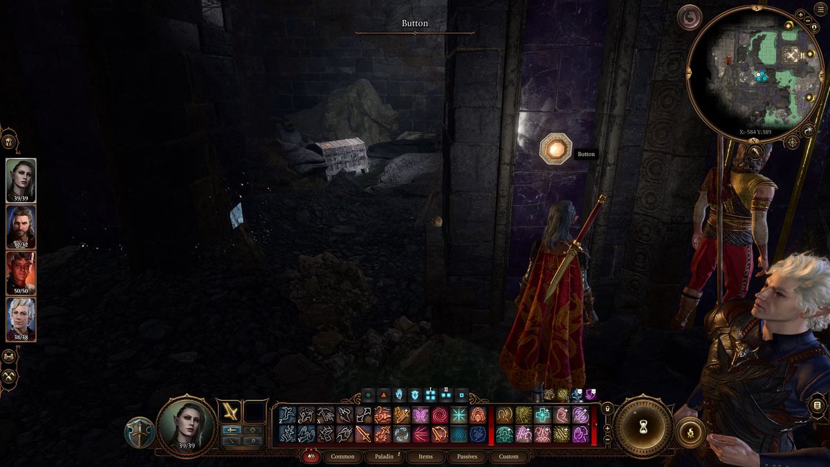 Baldur's Gate 3 - player looks at a hidden button in Grymforge at location -584,389