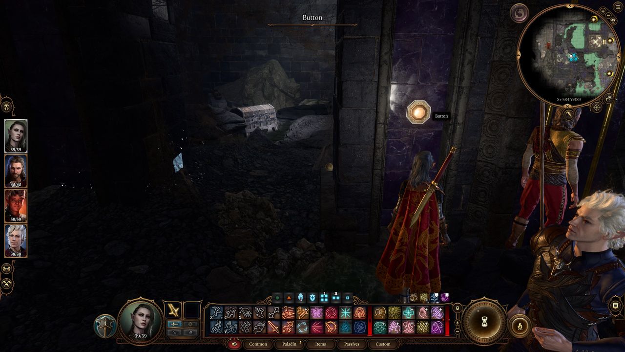 Baldur's Gate 3 - player looks at a hidden button in Grymforge at location -584,389