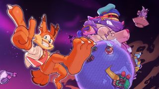 Key art for Bubsy 4D showing the bobcat star posing with his finger and claw pointing outward in space, surrounded by planets and other characters