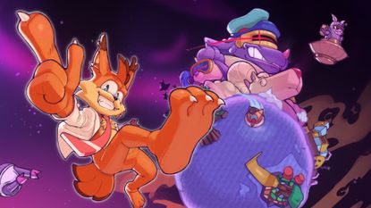 Key art for Bubsy 4D showing the bobcat star posing with his finger and claw pointing outward in space, surrounded by planets and other characters