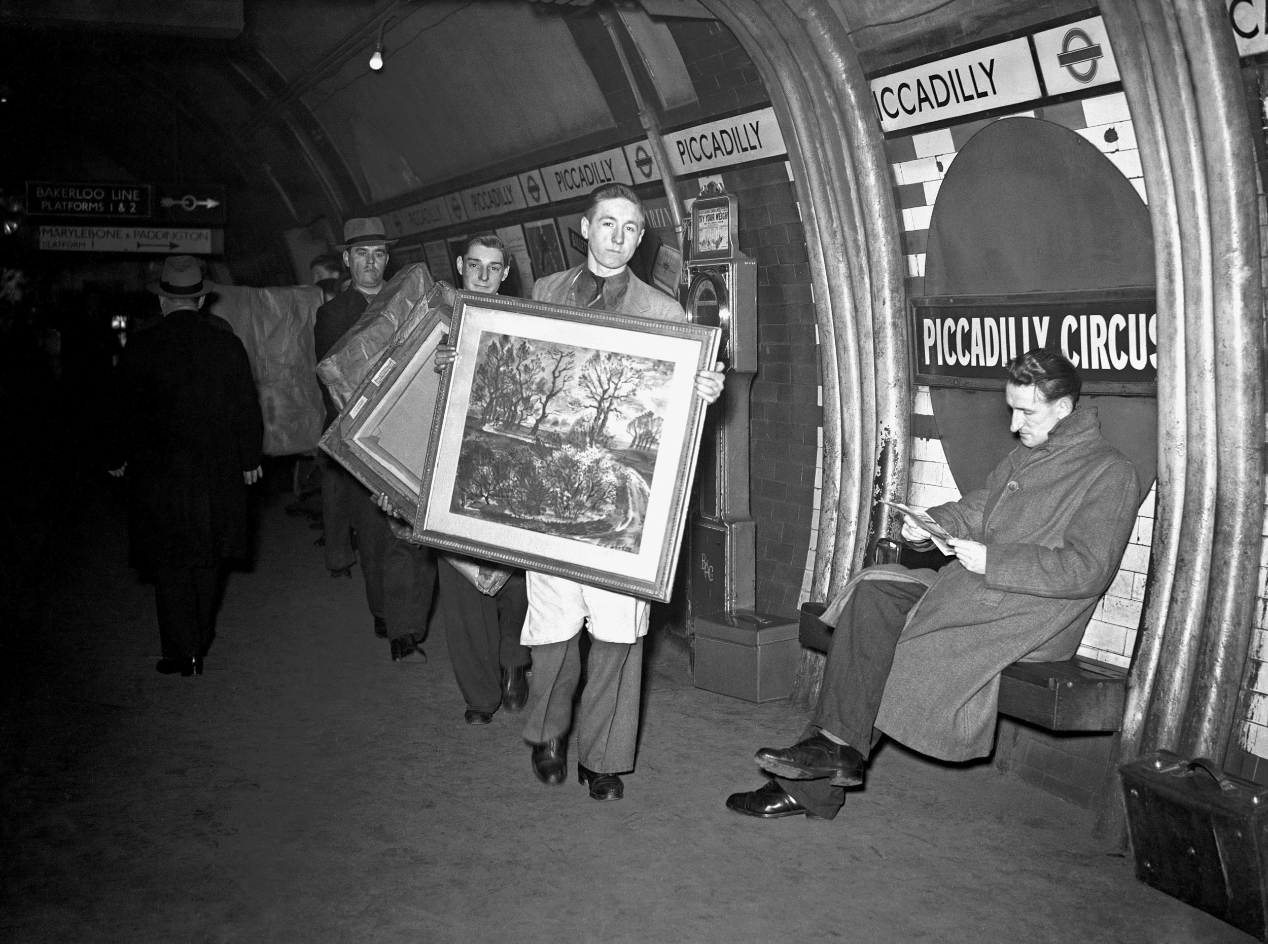 Eighty feet below the surface of Piccadilly Circus is part of the underground station known as Aladdins Cave where national art treasures from the Tate gallery and the London Museum were stored at the outbreak of war.