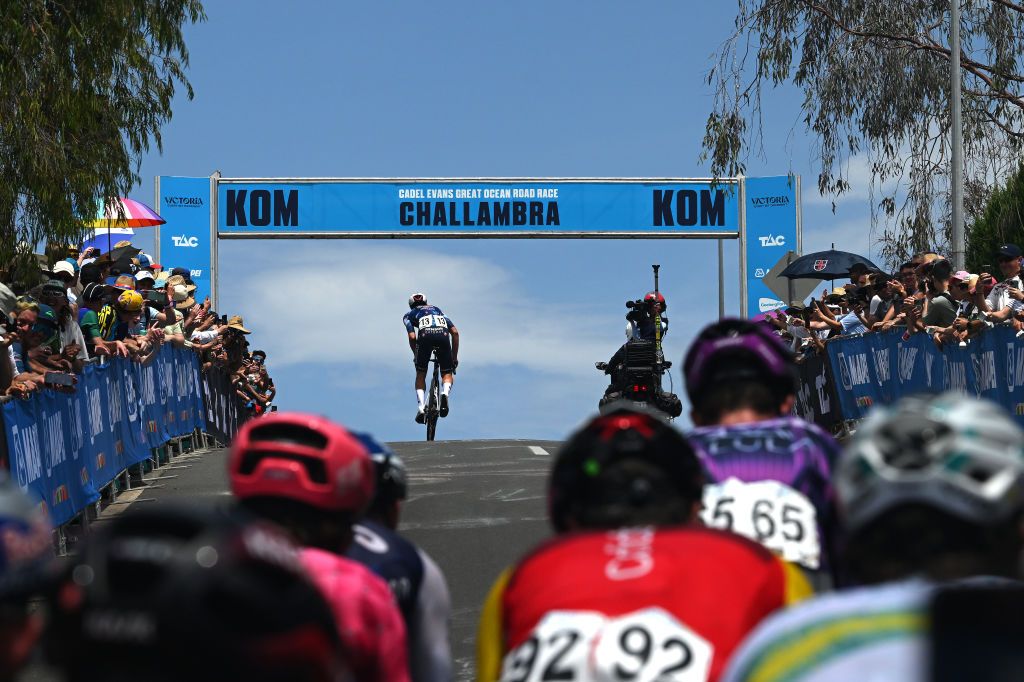 GEELONG AUSTRALIA FEBRUARY 02 A general view of Andrea Raccagni Noviero of Italy and Team Soudal QuickStep compete in the breakaway climbing to the Challambra Crescent 120m during the 9th Cadel Evans Great Ocean Road Race 2025 Mens Elite a 1838km one day race from Geelong to Geelong UCIWT on February 02 2025 in Geelong Australia Photo by Dario BelingheriGetty Images