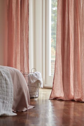 pink linen curtains in bedroom