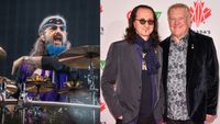 Mike Portnoy drumming and Geddy Lee and Alex Lifeson on a red carpet