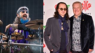 Mike Portnoy drumming and Geddy Lee and Alex Lifeson on a red carpet