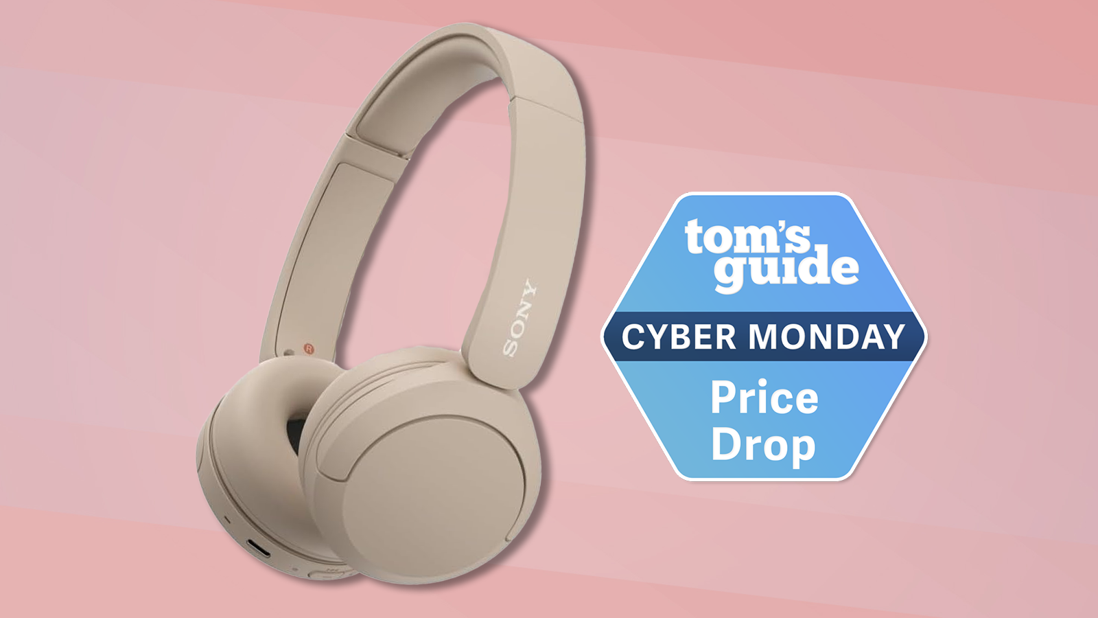 the sony WH-CH520 headphones on a pink background with a cyber monday badge