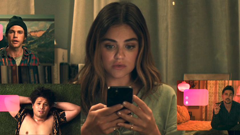 Lucy Hale looking at dating profiles on her phone in F Marry Kill