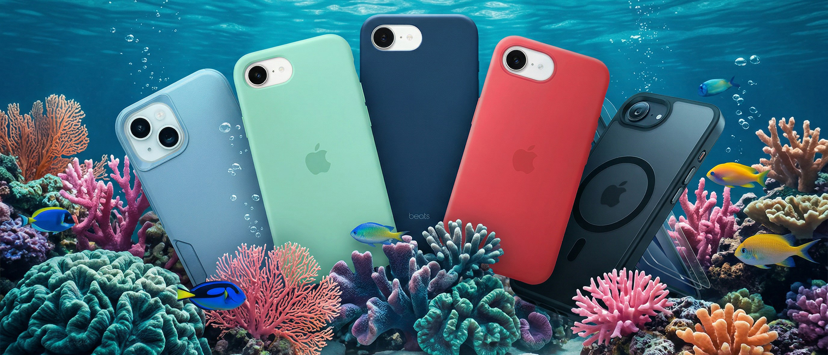 Apple iPhone 17e cases in an underwater scene