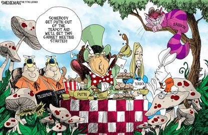 Political cartoon U.S. Donald Trump cabinet Alice in Wonderland