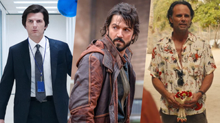 (L-R) Adam Scott in "Severance" season 2, Diego Luna in "Andor" and Walton Goggins in "The White Lotus" season 3, representing the most anticipated shows of 2025.