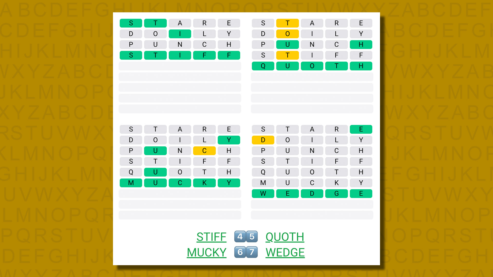 Quordle ответы для игры 572 на желтом фоне
