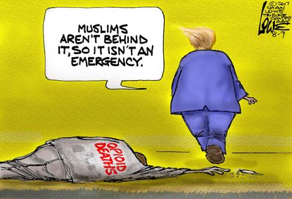 Political cartoon U.S. Trump opioid crisis Islamophobia terrorism