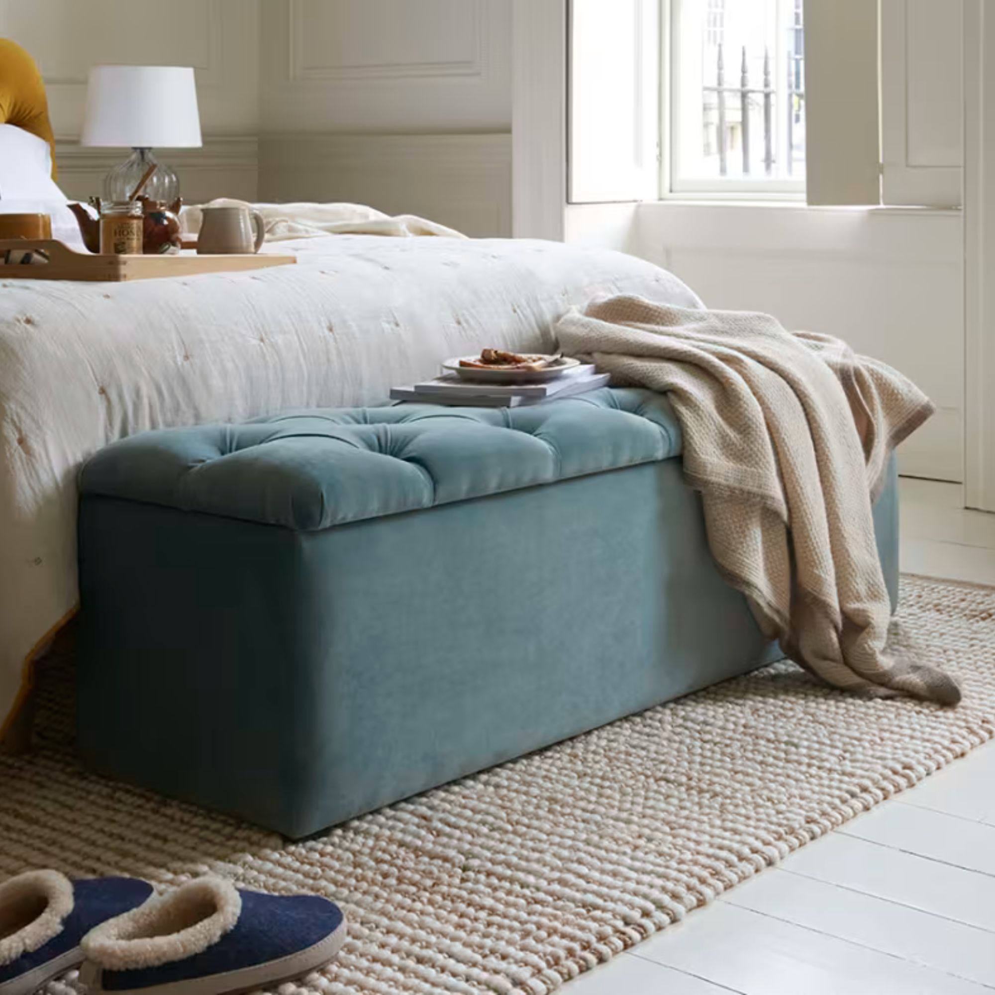 Loaf, Button Top Ottoman Storage Bench in Green Plumage Clever Slubby Linen