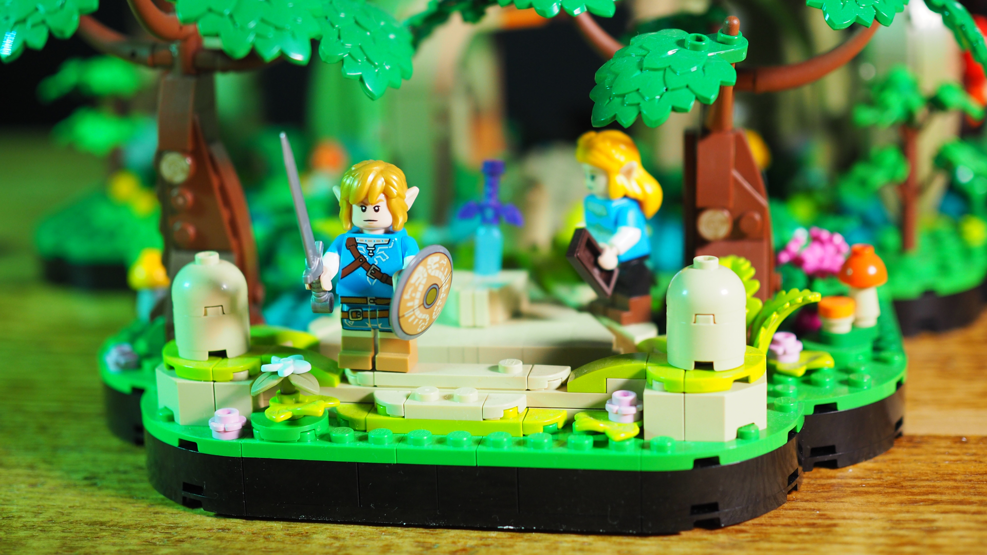 Lego Link and Zelda beside the Master Sword