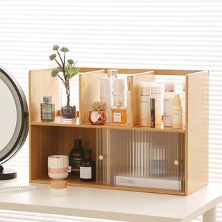 Tiita Desktop Organiser, Bamboo Desk Storage, 23.6inch Desktop Makeup Storage With Glass Door, Supplies Organizers and Accessories Storage Display Rack for Kitchen, Office, Dorm