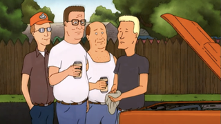hank, boomhauer, bill and dale work on a truck while drinking on king of the hill